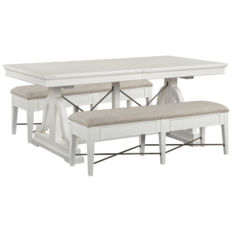 Extendable Trestle Dining Table With 2 Upholstered Benches, 3 Pieces: Table, 2 Benchs