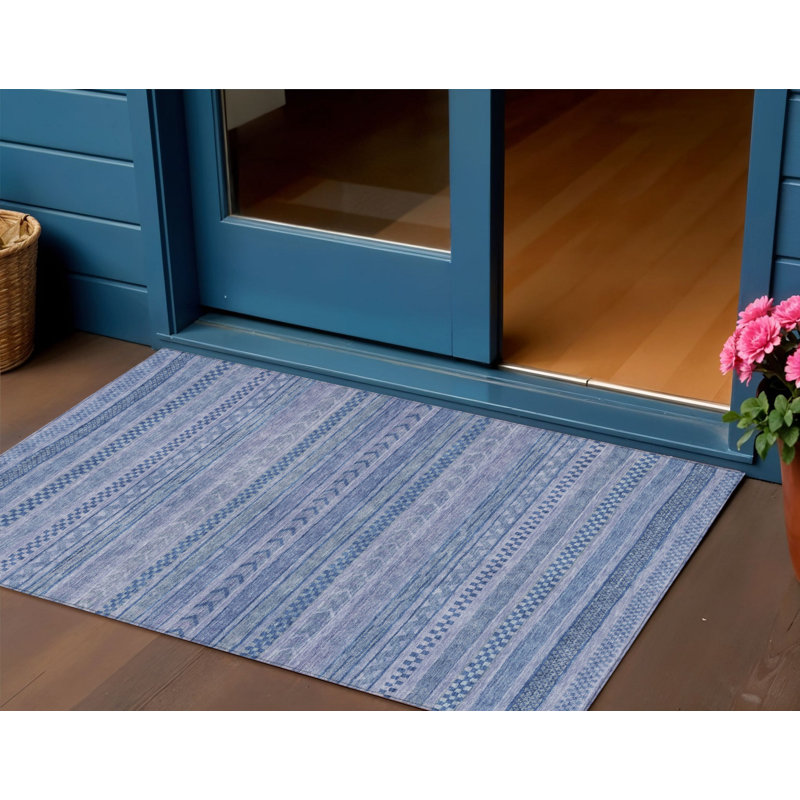 Tapis extérieur lavable rayé bleu et bleu ciel 3 pi x 5 pi