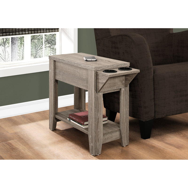 Table d'appoint avec finition en stratifié taupe foncé, idéale pour le salon et la chambre à coucher, avec des options pratiques