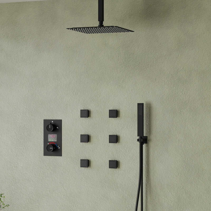 Digital Display Pressure‑Balanced Shower System, 12" Ceiling Mount Rainfall Shower Faucet with Handheld Spray, Matte Black
