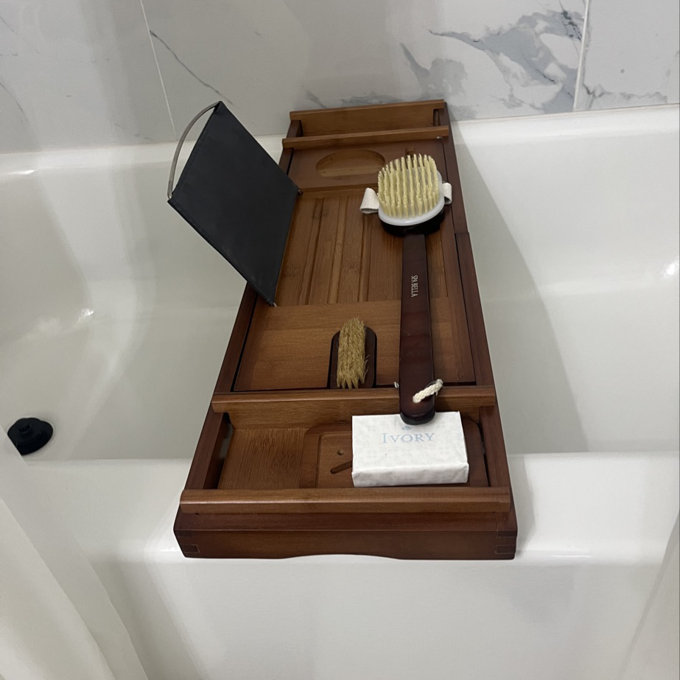 Bath Caddy Tray For Bathtub - Bamboo Adjustable Organizer Tray For Bathroom With Free Soap Dish Suitable For Luxury Spa Or Reading(Walnut)