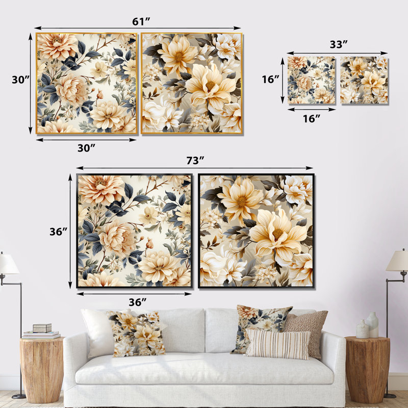 Attleboro - ensemble de 2 reproductions d'art sur toile florales, Encadrement blanc, H 30 po x l 61 po x P 1 po