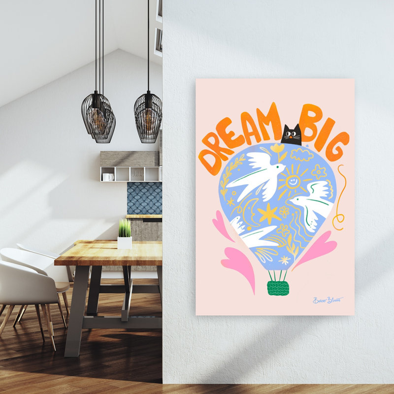 Dream Big Balloon Cat Whimsical Abstract Contemporary Bird Cat Nature Flower Wall Art Print 1 Piece Wrapped Canvas Wall Art