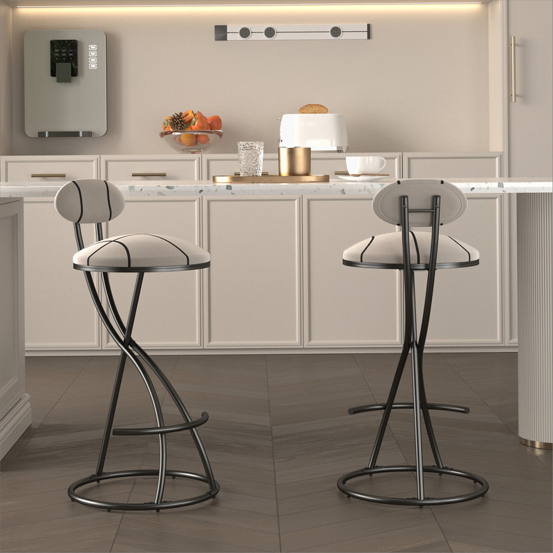 Ensemble de 2 tabourets de bar rembourrés avec tabourets de bar à hauteur de comptoir et chaises de bar modernes en velours pour îlot de cuisine et salon (noir et rayé)