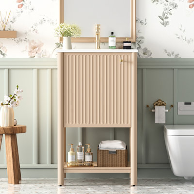 Meuble-lavabo de salle de bain autoportant de 20 pouces de style français avec lavabo en céramique, porte à fermeture douce, compacte mais spacieuse, poignées rétro, sculptures à rayures délicates, lavabo lisse, robinet de 1,37 po