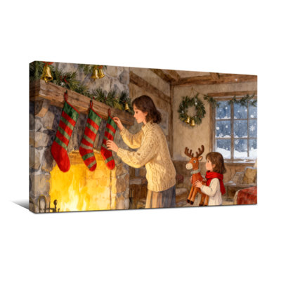 Christmas Mother And Child Hanging Christmas Stockings