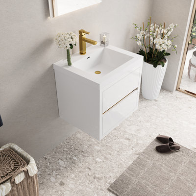 Meuble-lavabo pour salle de bain 24 po, blanc brillant. Pré-assemblé pour une installation sans effort. Rangement en U généreux. Tiroirs à fermeture en douceur. Utilisation silencieuse. Comptoir en résine de pierre. Armoire en bois résistante. Invisible