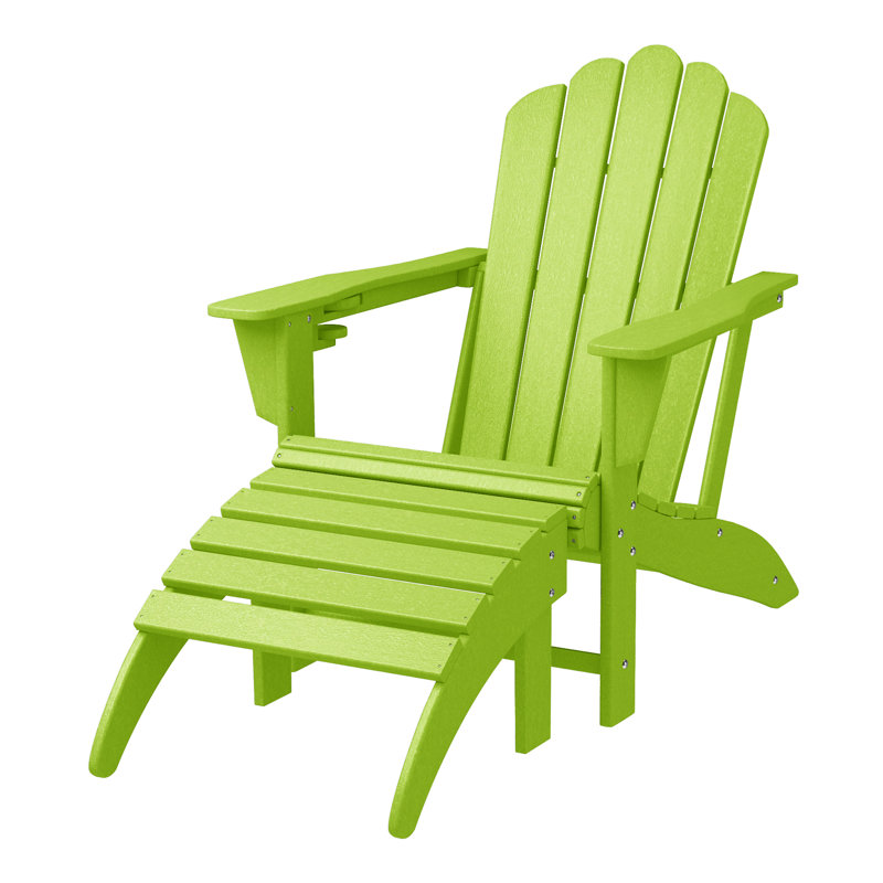 Outdoor Poly Adirondack Chair With Ottoman, Lime Green