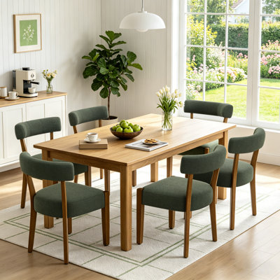 Mid-Century Modern Dining Chairs Green Fabric Upholstered Wood Frame Kitchen Chairs