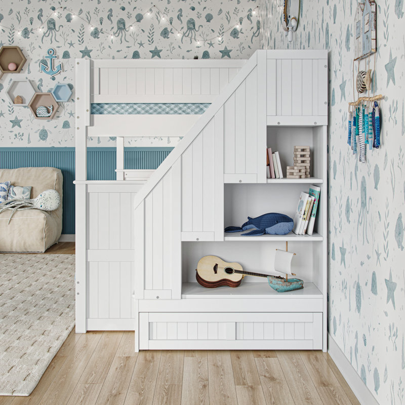 Keaire Staircase Bunk Bed with Storage Drawer and Twin Trundle, White, Full Over Full