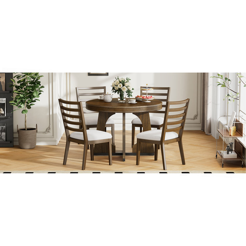 Ensemble de table de salle à manger ronde pour 4 personnes avec chaises, ensemble de table de salle à manger extensible avec rallonge amovible de 16 po, ensemble de table de salle à manger rétro 5 pièces à motif géométrique unique pour la cuisine, la salle à manger (noyer)