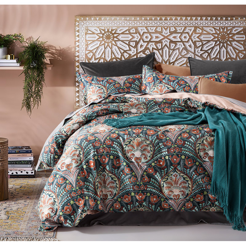 Bohemian Sateen Damask Duvet Cover, Super King Duvet Cover + 2 Shams