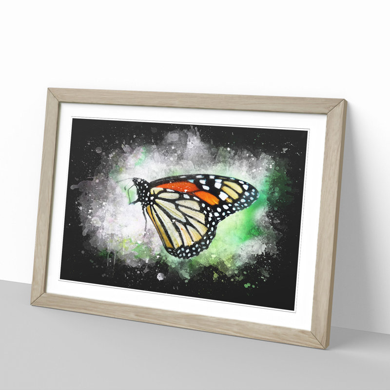 Monarch Butterfly Paint Splash - Picture Frame Graphic Art, 65cm H x 90cm W x 2cm D, Oak Framed