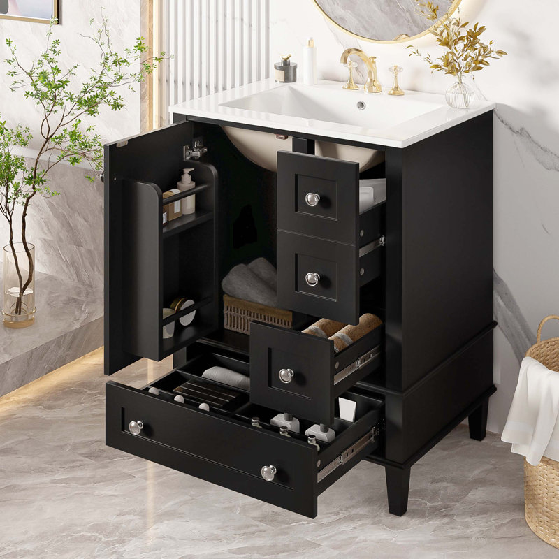 Meuble-lavabo de salle de bain avec tablette double couche intégrée, tiroirs à fermeture en douceur et cuve en céramique intégrée
