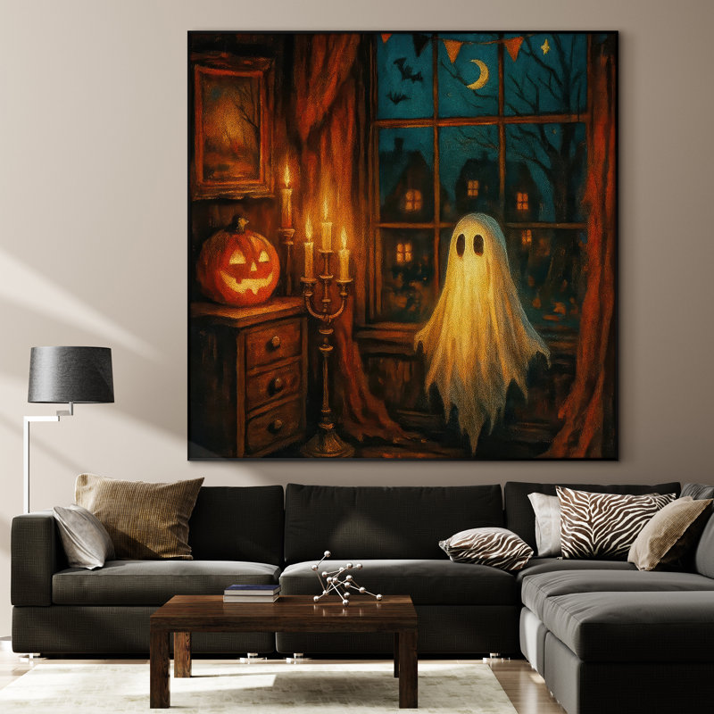 Très grande reproduction d'art sur tissu - Mignon fantôme d'Halloween, œuvre d'art pour le salon ou la chambre à coucher