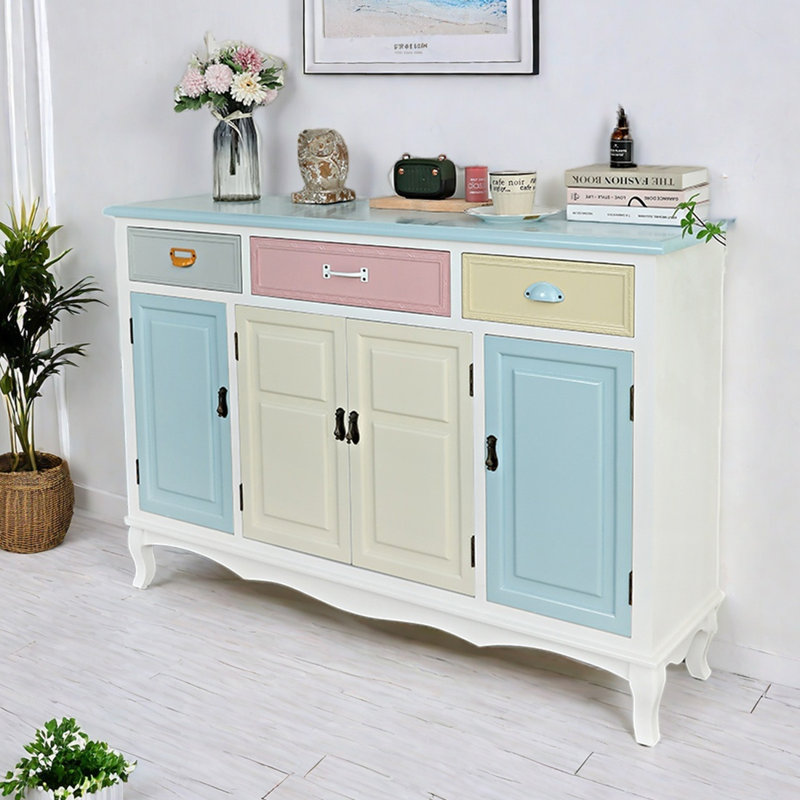 Buffet polyvalent moderne de style nordique, Blanc / bleu / jaune / rose