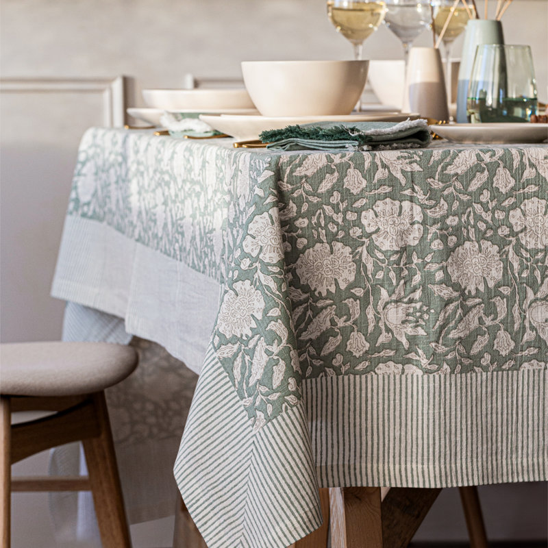 over&back Hand-Blocked Tablecloth, Green Floral, 70" W x 90" L
