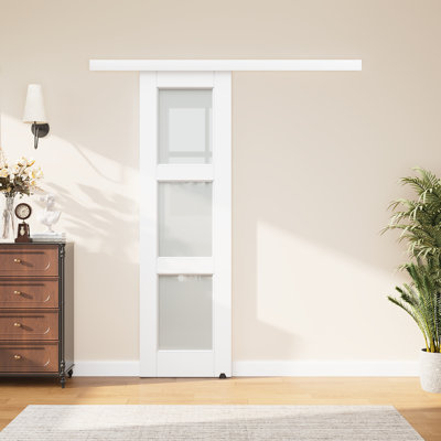 Porte de grange coulissante en verre manufacturé à panneau blanc préassemblé avec rail caché 3 lumières avec trousse de quincaillerie d'installation (fermeture en douceur incluse)