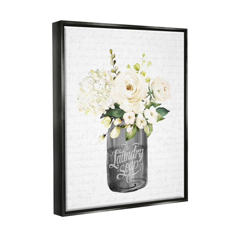 «White Flower Blossoms Laundry Pot Fancy Script» par Lettrage et doublure - reproduction de cadre flottant sur toile