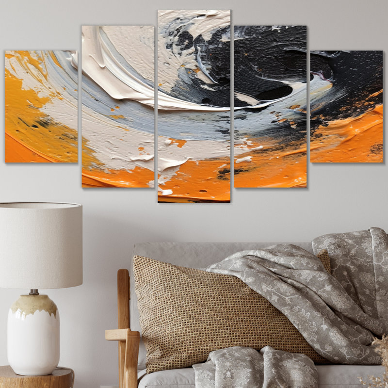 Orange et noir Mystic Spirals II - Décoration murale spirales abstraites - 5 panneaux