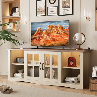 Rustic Farmhouse 58" Tv Stand For Tvs Up To 65", Solid Wood Entertainment Centre With Glass Doors, Adjustable Storage, Built-In Charging Hub & Smart Led Lighting