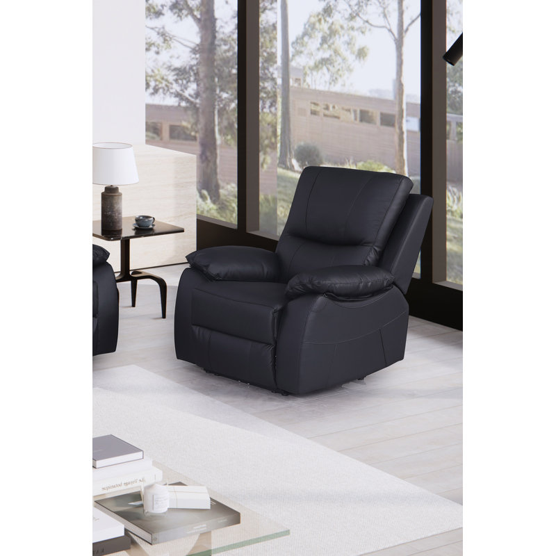 Genuine Leather Single Reclining Chair With Overstuffed Arm And Back For Living Room Bedroom, Brown, Black
