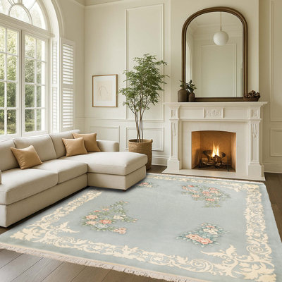 Oriental Estate Château Sky Light Blue Beige Hand Knot Wool Traditional Scroll Border Oriental Area Rug