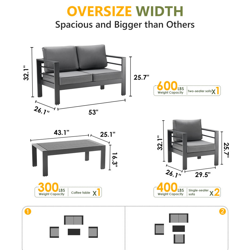 Ensemble de conversation d'extérieur pour quatre personnes avec coussins, Gris, Gris foncé