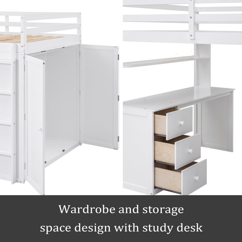 Lit mezzanine avec tiroirs, bureau et garde-robe, Lit double, Blanc