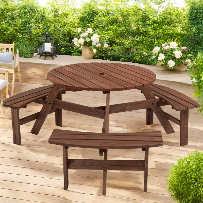 Floden Outdoor 6-Person Dining Sets With 3 Curved Benches, Round Tabletop And Umbrella Hole, Brown
