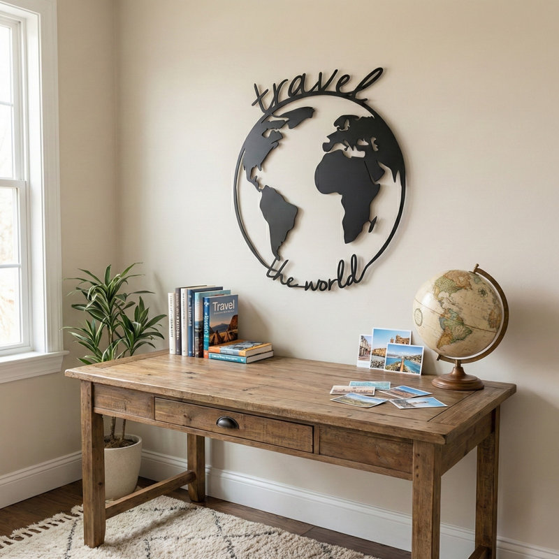 Travel the World Metal Wall Art – Modern World Map Wall Décor, Black Metal Globe Wall Hanging for Living Room, Office, or Entryway