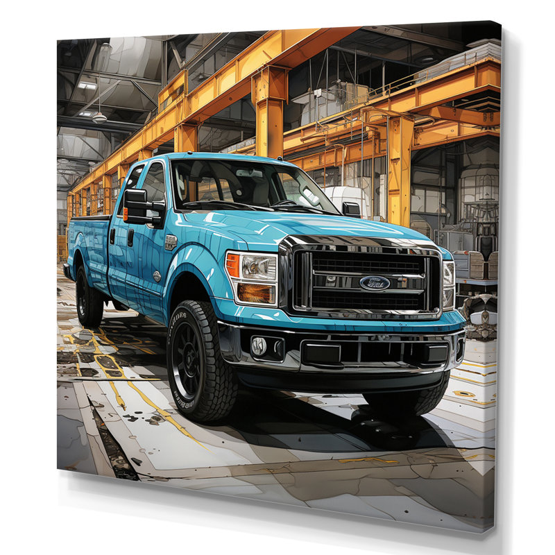 Teal Pickup Truck Industrial Drive - Transportation Canvas Wall Art, H 24 po x l 24 po x P 1 po, Toile tendue