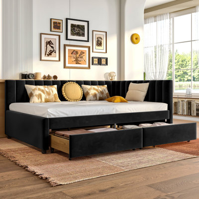Full Size Daybed With Storage Drawers Upholstered Corner Bed With L Shaped Headboard Velvet Daybed Frame For Living Room Guest Room by GZMWON