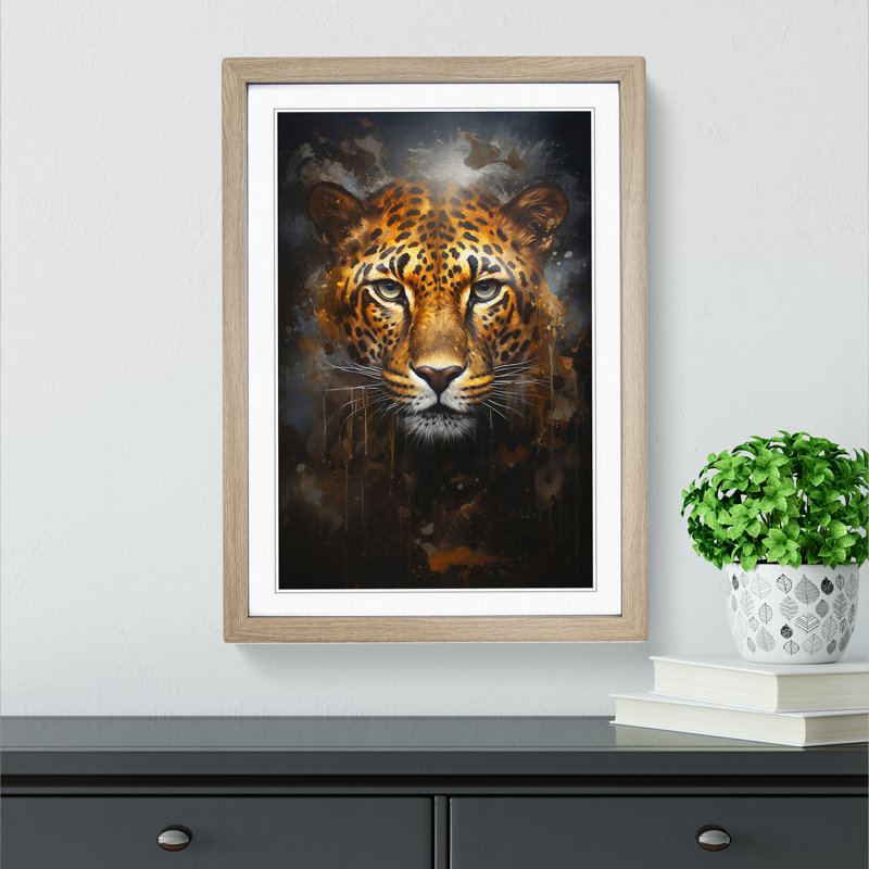 XYZ-FRM-V1223-4173 Leopard Romanticism - Single Picture Frame Print on Wood, Oak, 34cm H x 25cm W x 2cm D
