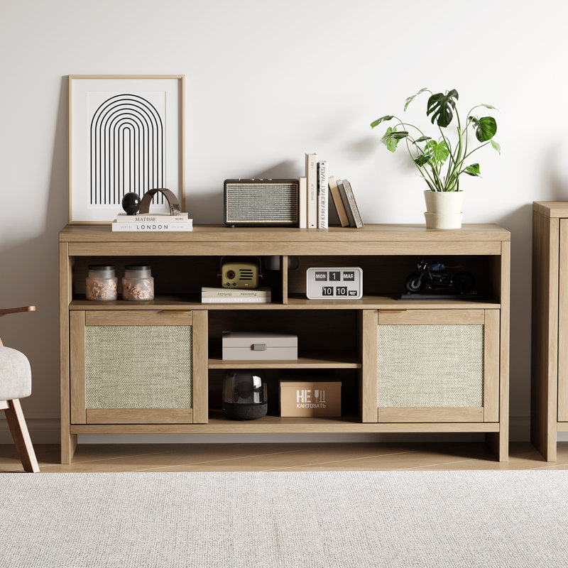 Meuble télé 58 po en rotin pour téléviseur de 65 po ou moins - Meuble audio-vidéo Boho avec tablettes et rangement réglables, centre de divertissement en bois de chêne naturel pour le salon et la chambre à coucher