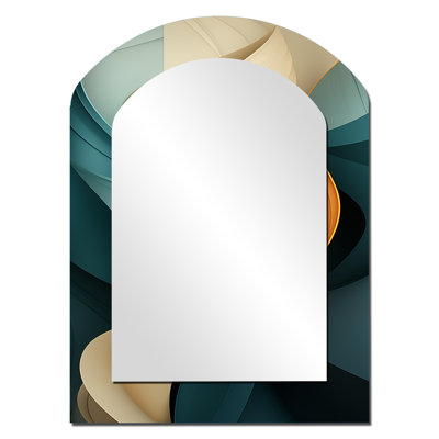 Teal Abstract Vintage Elegant Wave - Abstract Shapes Asymmetrical Decorative Wall Mirror, Blue Arch Large Mirror, Printed Metal Art