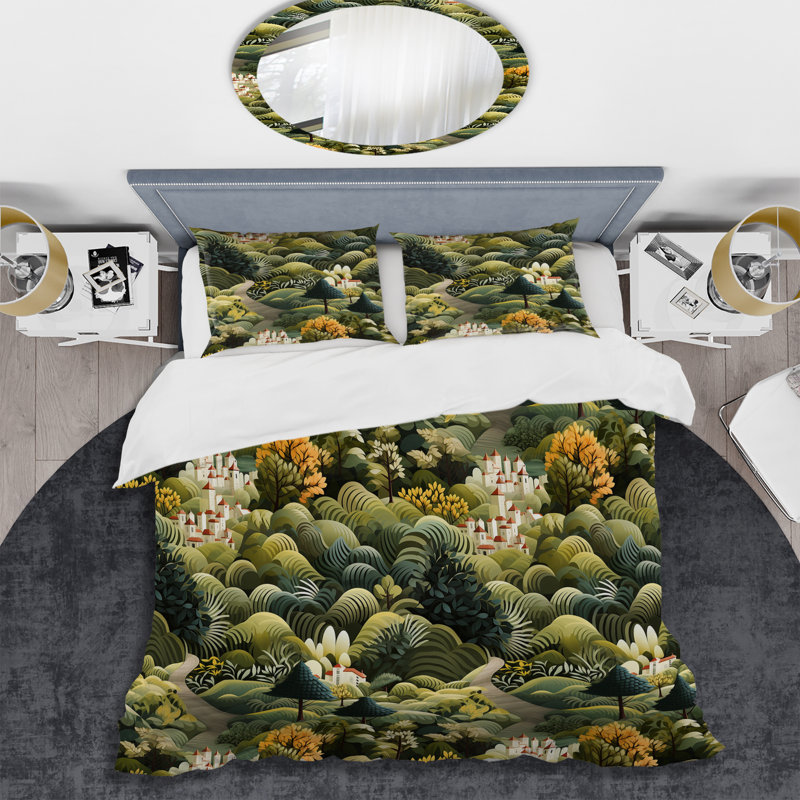 Green Dreamy Forest Landscape Duvet Cover, Queen Duvet Cover + 2 Standard Shams