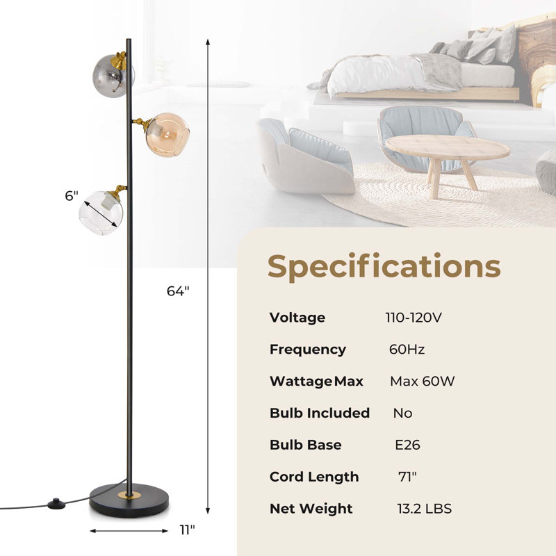 Lampe sur pied de style Mid-Century George Oliver avec 3 abat-jour sphériques en verre et interrupteur au pied