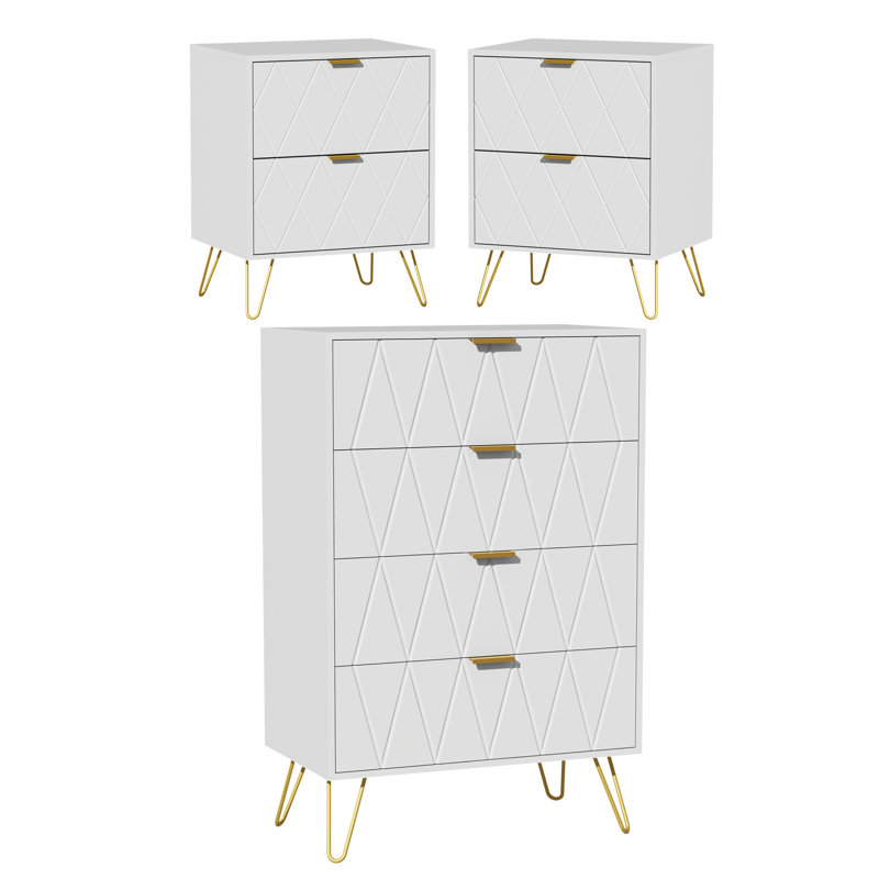 4 Drawer 23.6" W Chest With 2 Nightstand Bedroom Dresser Set, White