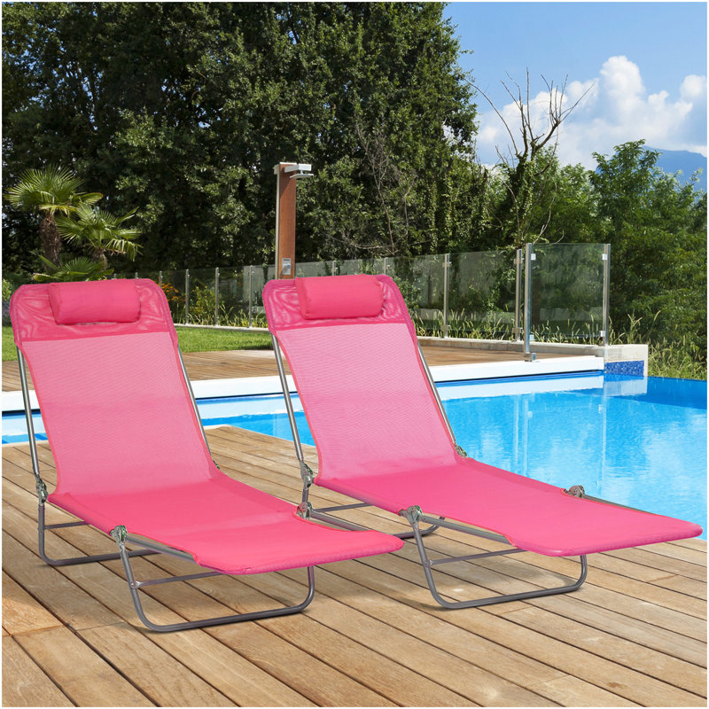 Outsunny 2 Piece Folding Chaise Lounge Chairs, Pool Sun Tanning Chairs, Outdoor Lounge Chairs With 6-Position Reclining Back, Breathable Mesh Seat, Headrest For Beach, Yard, Patio, Pink