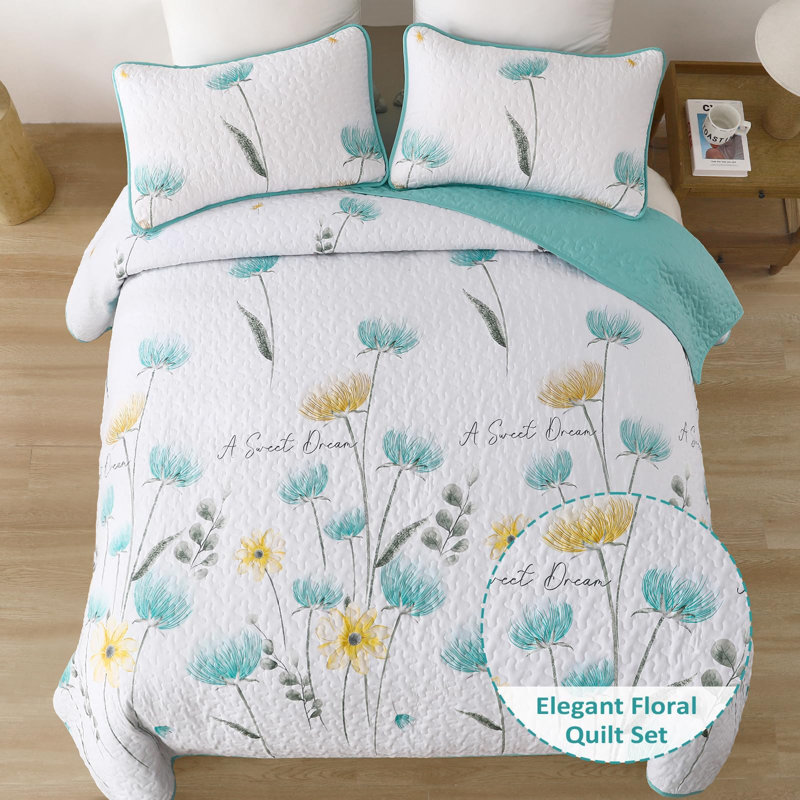 3 Pieces Floral Quilt Set Lightweight Farmhouse Style Coverlet Sets For All Season, Aqua, Queen Quilt + 2 Queen Shams