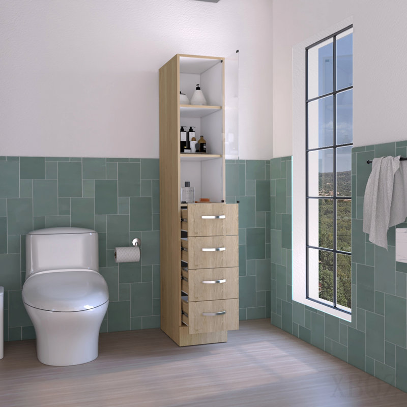 Armoire à linge Vanguard, trois tablettes, quatre tiroirs - pin clair / blanc