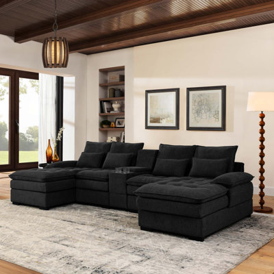 130"  U-shaped Sofa with Console,Cupholders,6-seat Upholstered primary living space Furniture,Sleeper Couch Set with Chaise for Living Room,Apartment