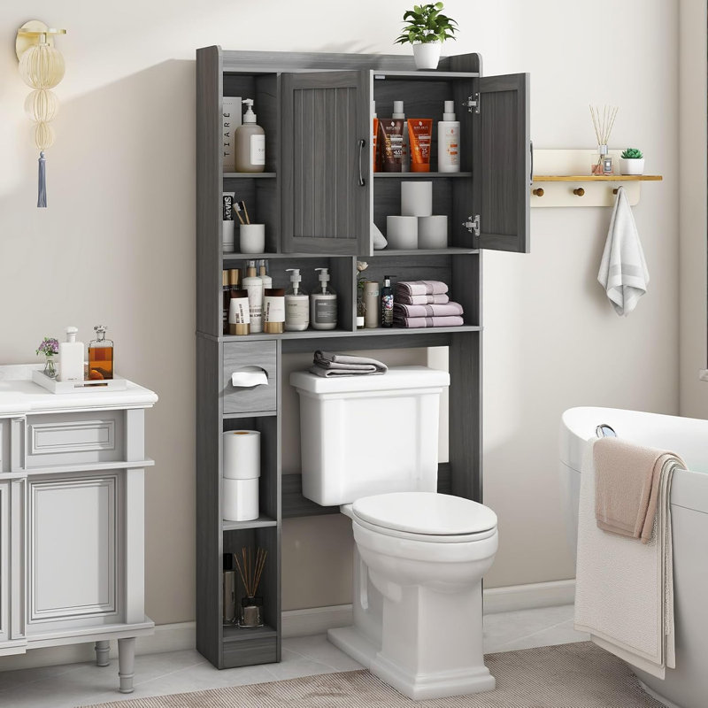 Wash Gray Farmhouse Over The Toilet Storage Cabinet with Adjustable Shelving