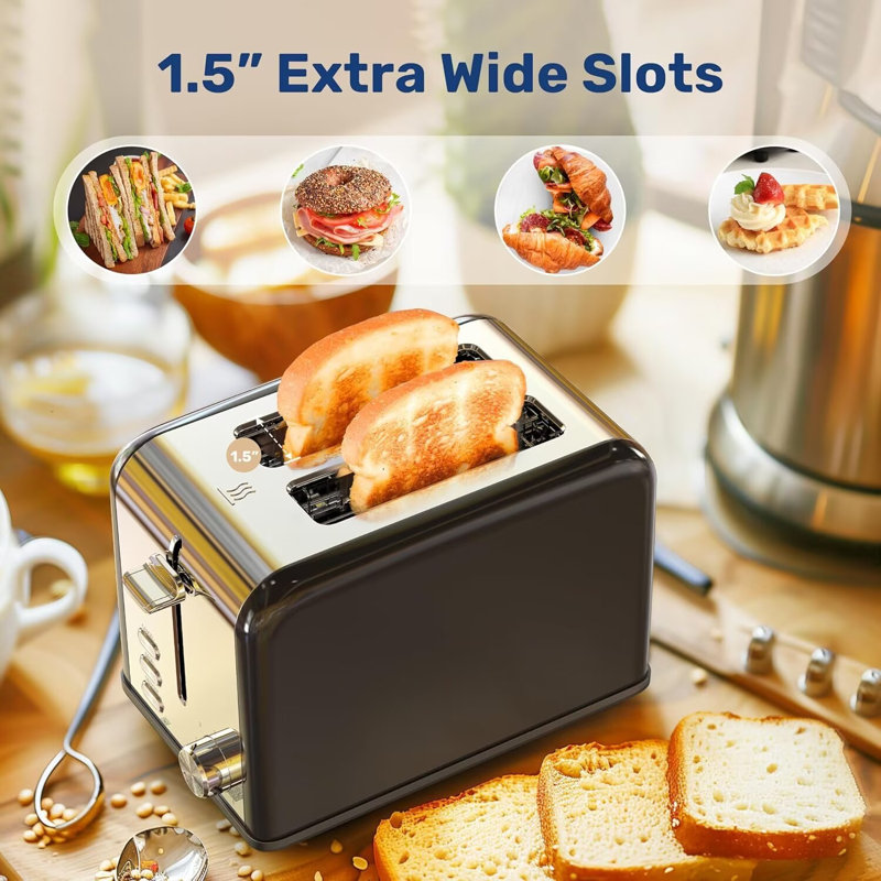 YSSOA Stainless Steel 2 Slice Toaster, 6 Browning Setting and Bagel/Defrost/Cancel Functions, Retro Compact Oven, Extra Wide Slot, Removable Crumb Tray