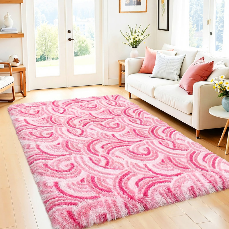 Non-Slip Cute Fluffy Shag Area Rug, Rectangle 6' x 9', Light Pink/Pink/White