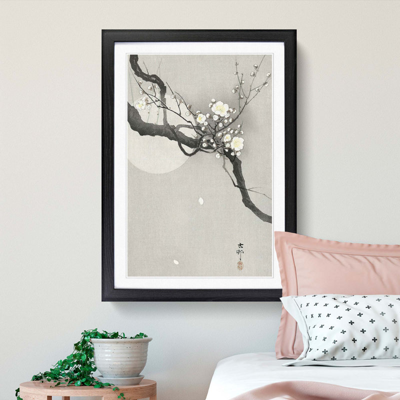 Plum Blossom & Full Moon by Ohara Koson - Picture Frame Painting Print, Black Framed, 48cm H x 36cm W x 2cm D