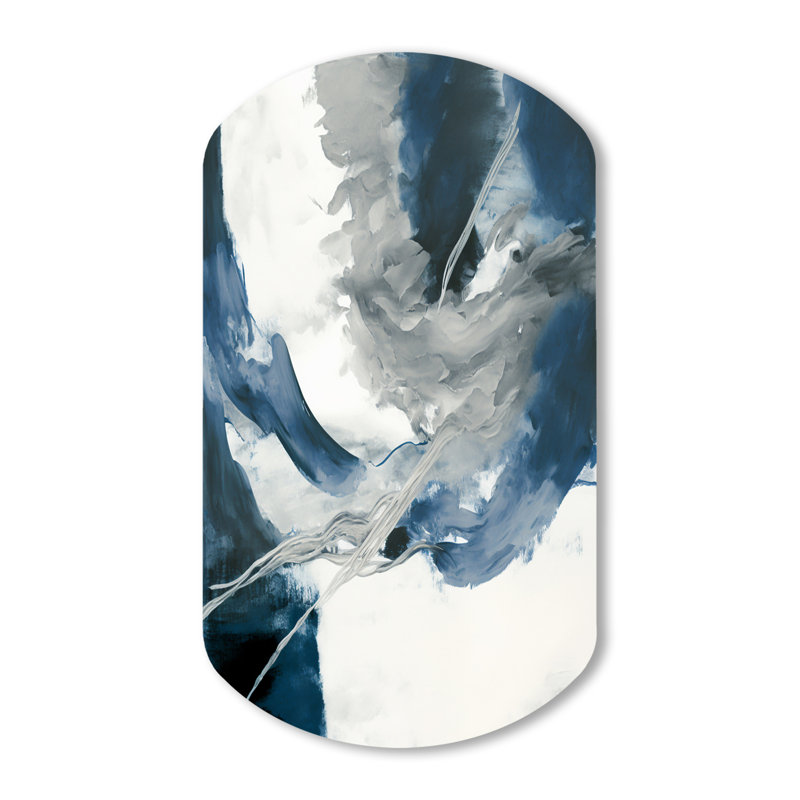 «Feeling Honolulu Blue X» - art mural asymétrique abstrait en forme de cylindre encre liquide, H 31 po x l 19 po
