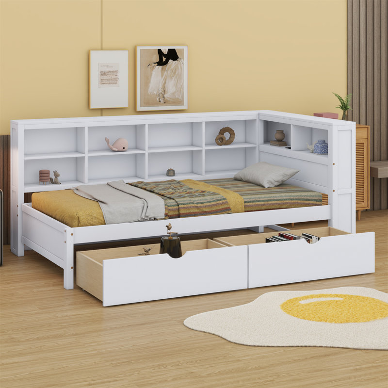 Wooden Daybed With Drawers,Storage Shelf And USB Charging Ports, Twin, White
