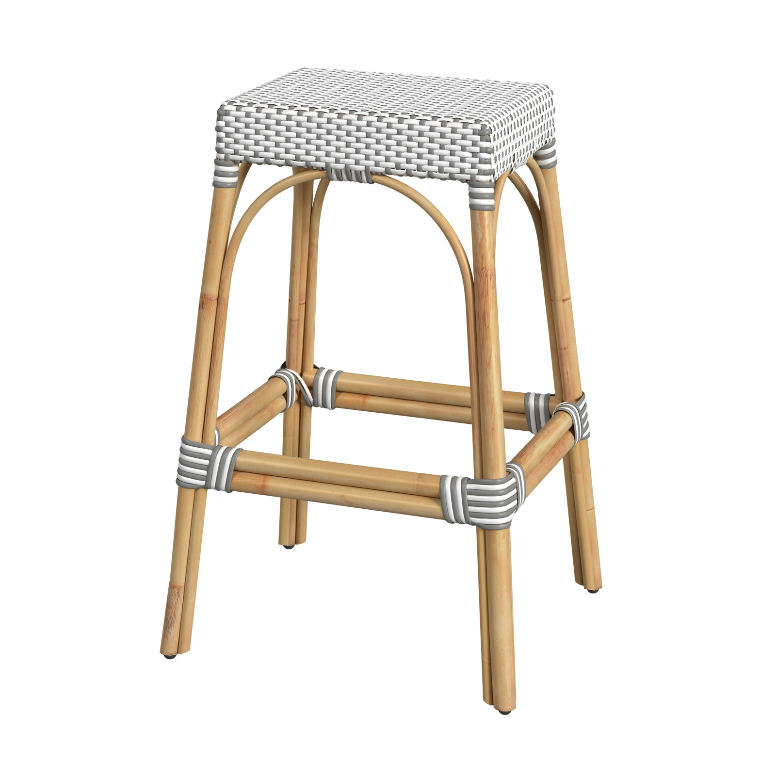 Lennart Bar Stool, Bar Stool (30" Seat Height), White/Gray Dot / Natural Rattan Frame
